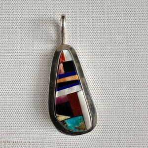 Vintage Sterling Silver Pendant With Multicolor Inlay By JVR